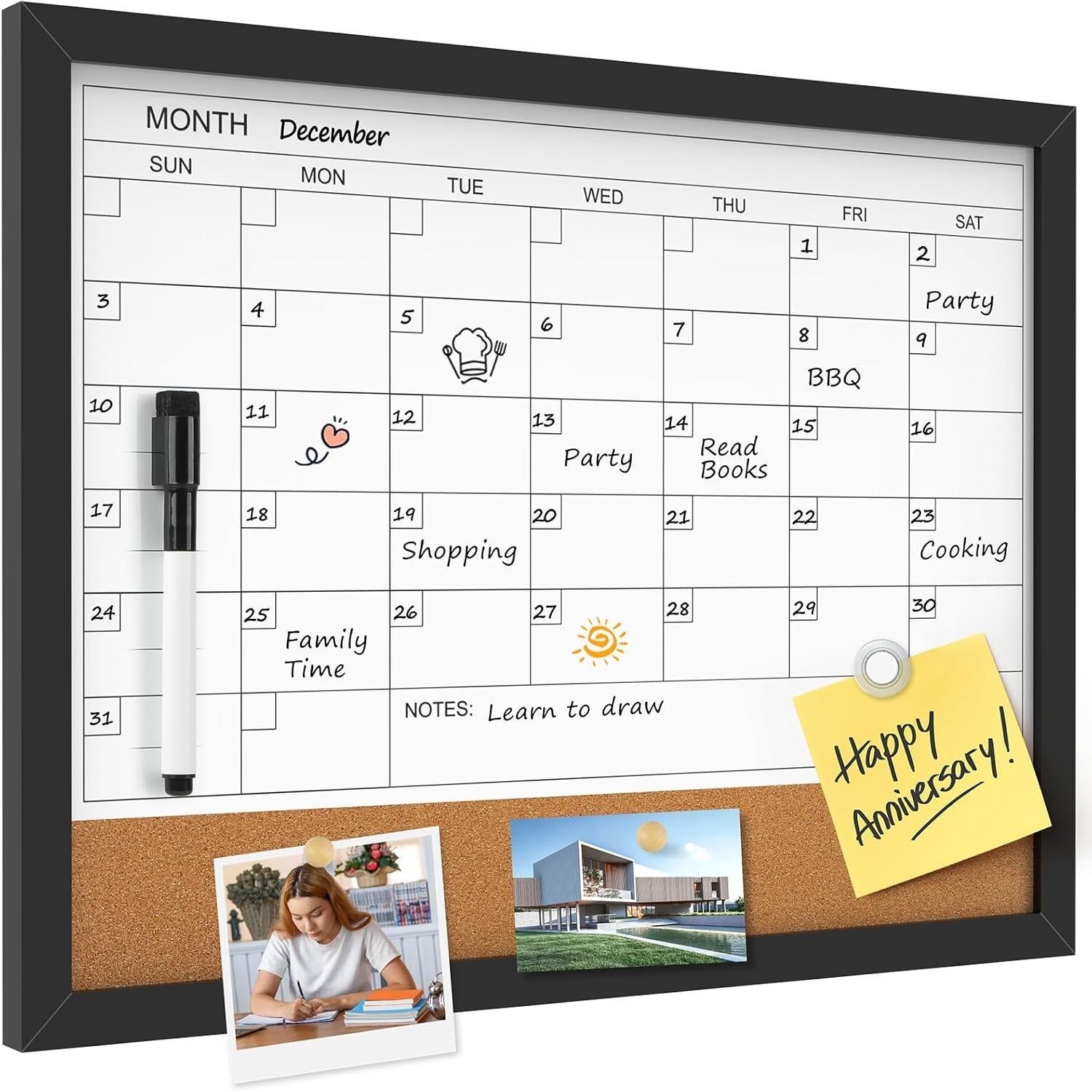 new MaxGear Dry Erase Board Calendar Whiteboard for Wall, 17” 13"W x 17"H, Black MAXGEAR - KOEEK