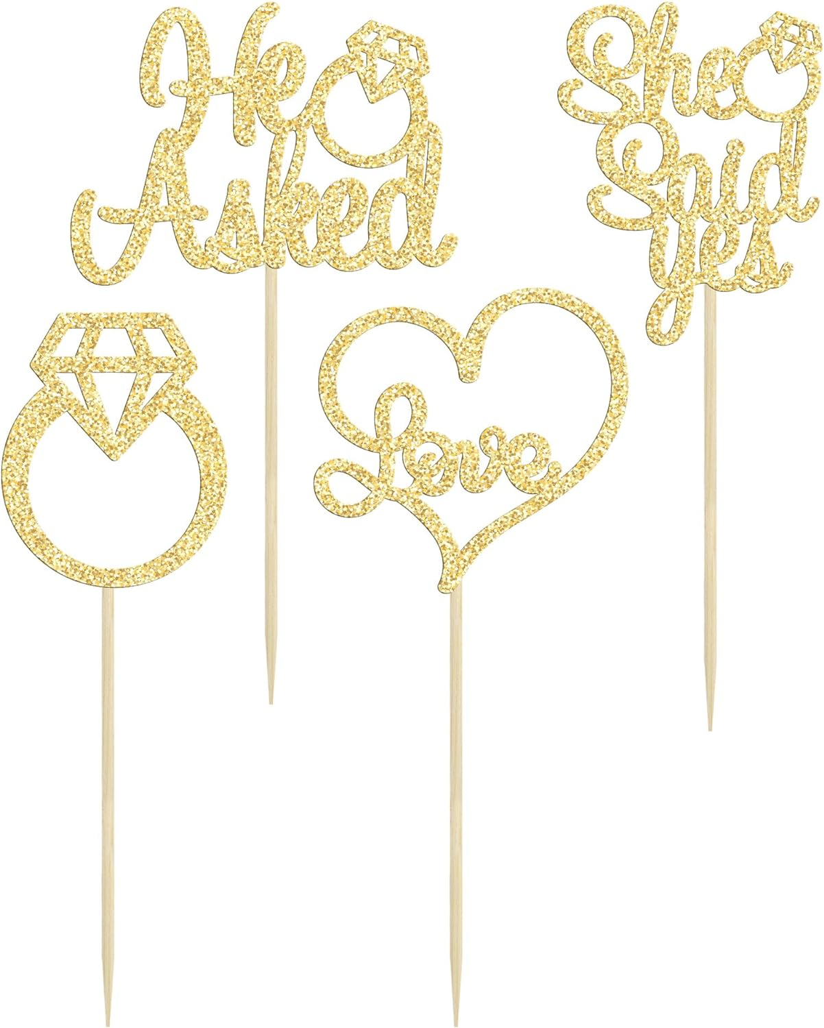 ny Han spurte hun sa ja Cupcake Toppers Gold Glitter Diamond Ring Heart Love Cake