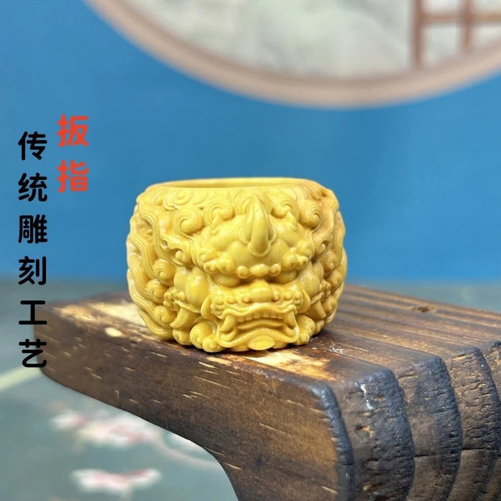 Boxwood Carved Pi Xiu Ring Wealth Hand Piece Fidget Decor Gift for Men 07FC0E-D4 - KOEEK