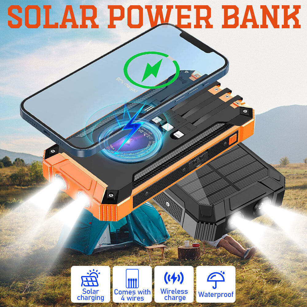 ny 36000mAh Solar Power Bank trådløs lader innebygd 4USB-kabel hurtiglading LED