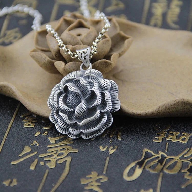 Peony Flower Pendant Silver Plated Vintage Sweater Chain Necklace 07FC0E-D4 - KOEEK
