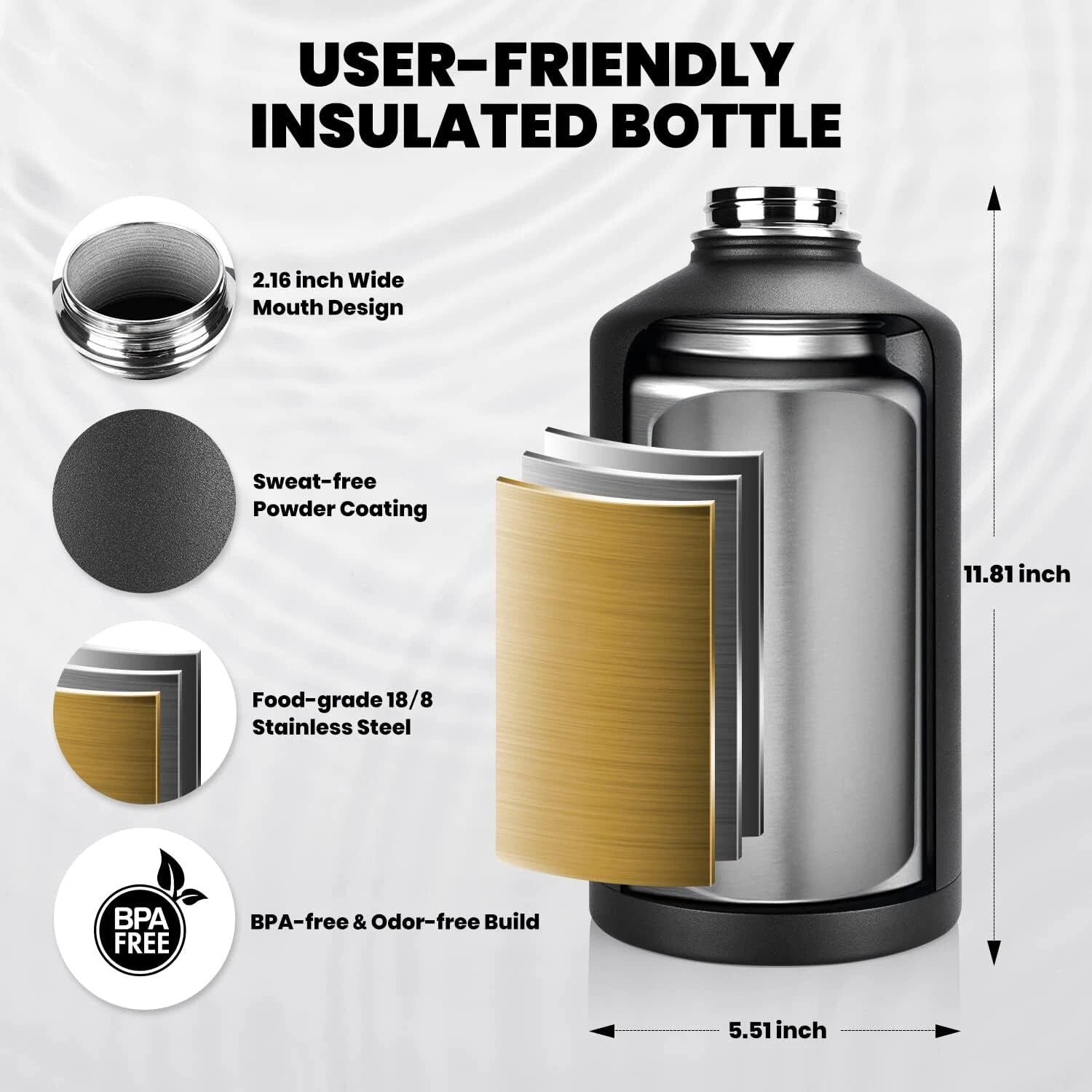 One-gallon insulated kettle, triple-wall vacuum stainless steel (48-hour cold) 07FC0E-D4 - KOEEK