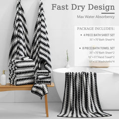 8-piece bathroom towel set (black and white) | 2 extra-large bath towels 07FC0E-D4 - KOEEK