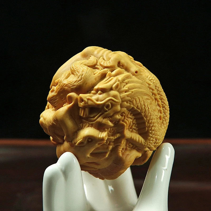 Boxwood Zodiac Carved Ball Handheld Ornament Wooden Craft Gift Decor 1 Pair 07FC0E-D4 - KOEEK
