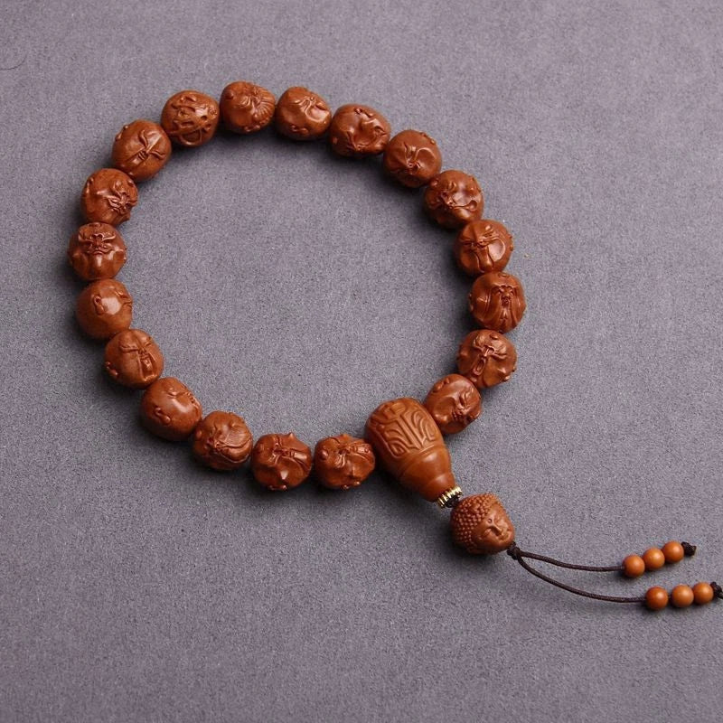 12mm Natural Walnut Handcarved Eighteen Arhat Hand String Amulet Bracelet 07FC0E-D4 - KOEEK