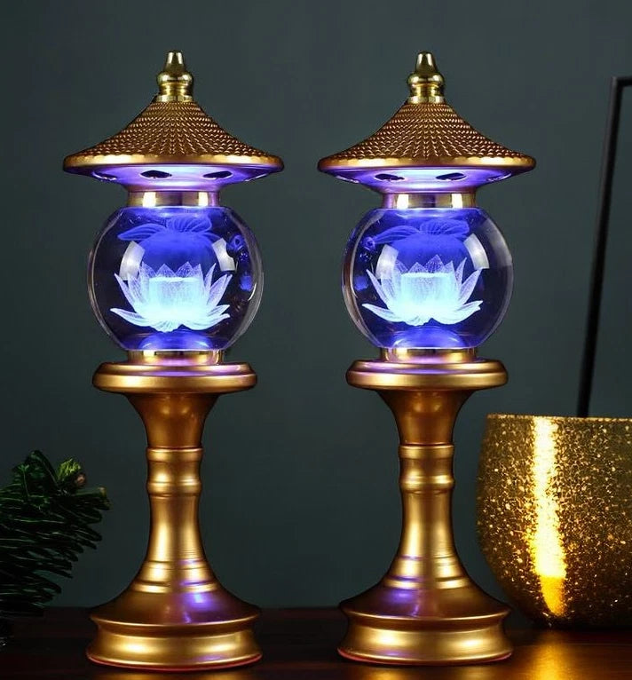 1pair 27cm Buddhist Temple Lotus Light LED Tricolor Crystal Buddha Offering Lamp 07FC0E-D4 - KOEEK