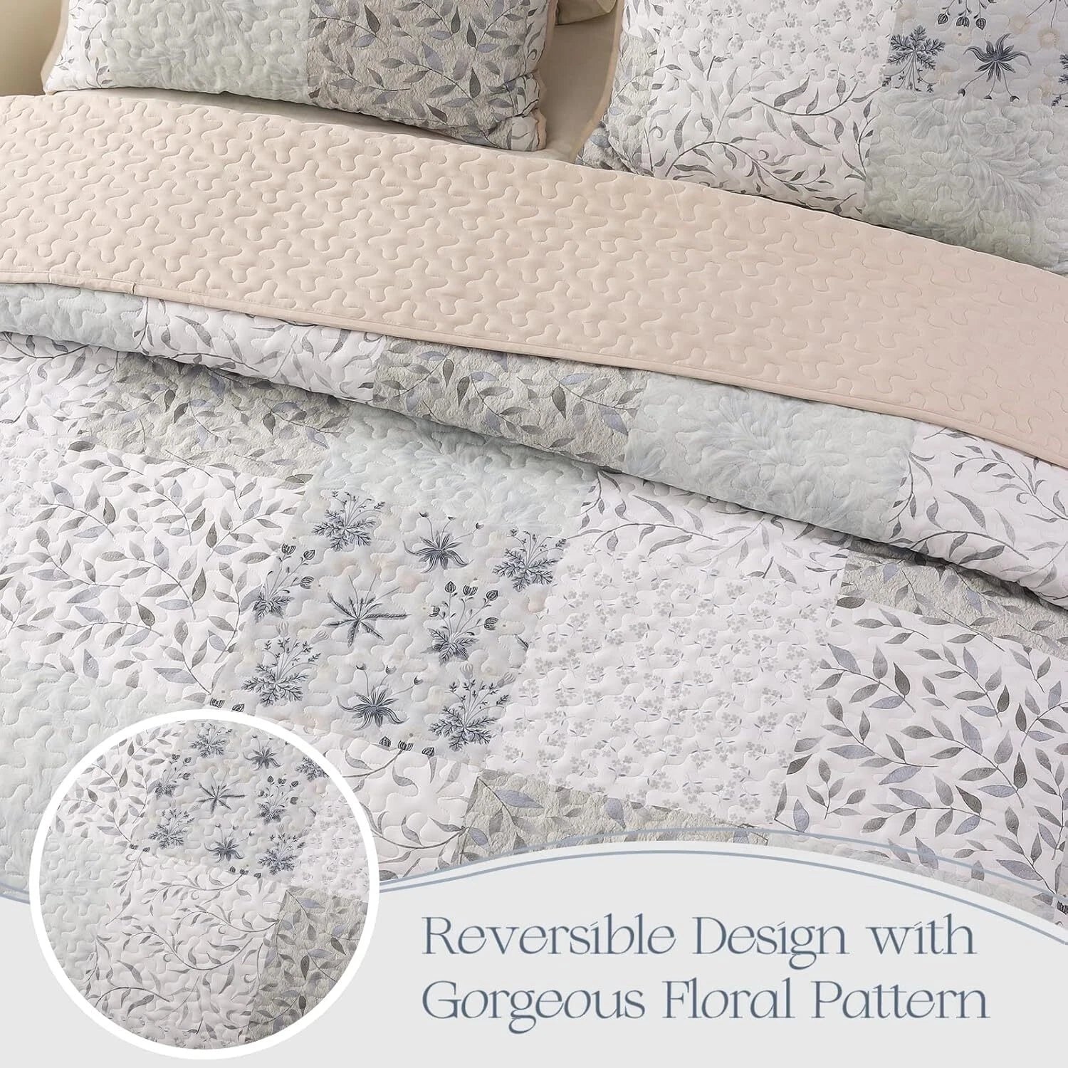 Reversible Quilt Set Queen Size, 3 Pieces Patchwork Gray All Season Bedspreads 07FC0E-D4 - KOEEK