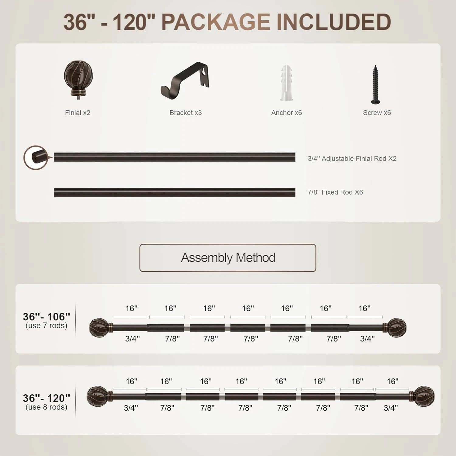Brown curtain rod, suitable for windows ranging from 66 to 120 inches. 07FC0E-D4 - KOEEK