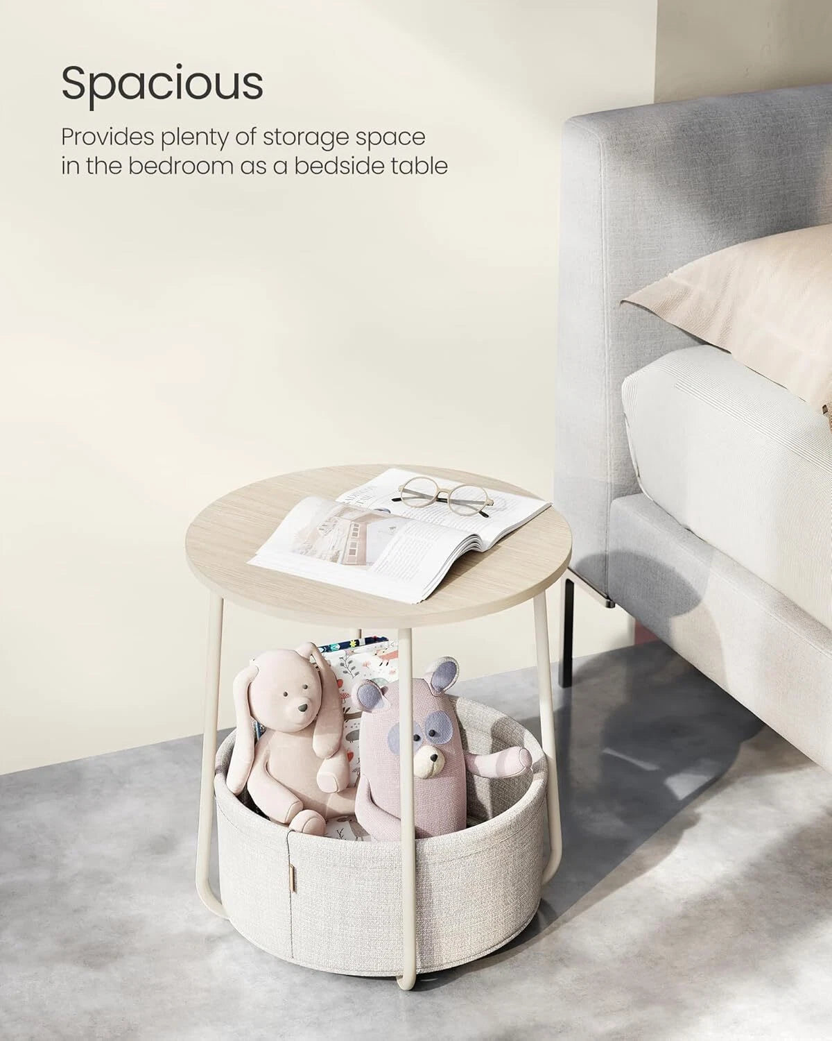 Small Nightstand with Fabric Basket, Modern Nightstand, Round Side Table 07FC0E-D4 - KOEEK