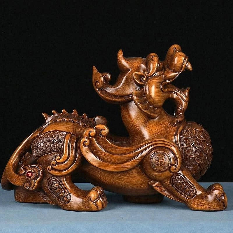 Boxwood Wood Carved Pixiu Figurine 8cm Desk Decor Home Ornament Gift 07FC0E-D4 - KOEEK
