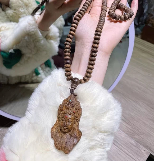 8mm*108 Natural Wood Prayer Beads Necklace KWAN-YIN Buddha Pendant Blessing 07FC0E-D4 - KOEEK