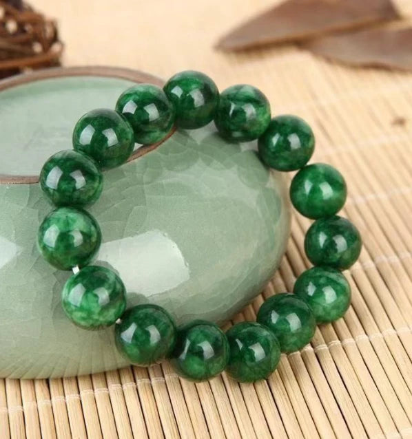 Imperial Green Jade Bead Bracelet 12mm Round Beads Full Color Unisex Jewelry 07FC0E-D4 - KOEEK