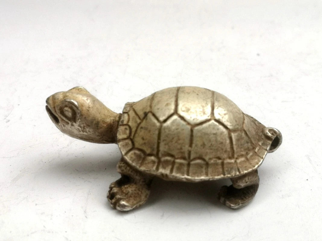 65mm Retro Tibetn Silver Handcarved Longevity Turtle Statue Paperweight Ornament 07FC0E-D4 - KOEEK