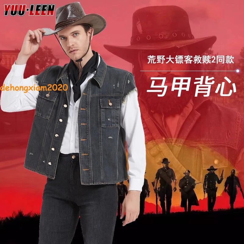 John Marston Denim Vest Cosplay Costume Men's Vest Short Sleeves RDR2 Outfit 07FC0E-D4 - KOEEK