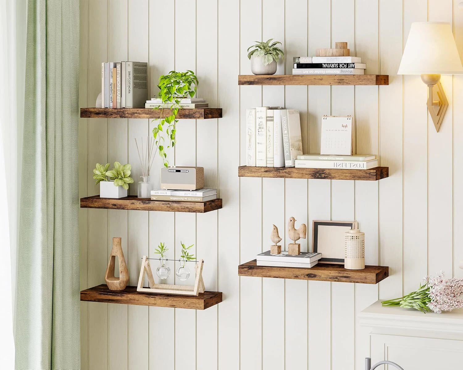15.8-Inch Floating Shelf, Set of 6 Wooden Shelves, (Rustic Brown) 07FC0E-D4 - KOEEK