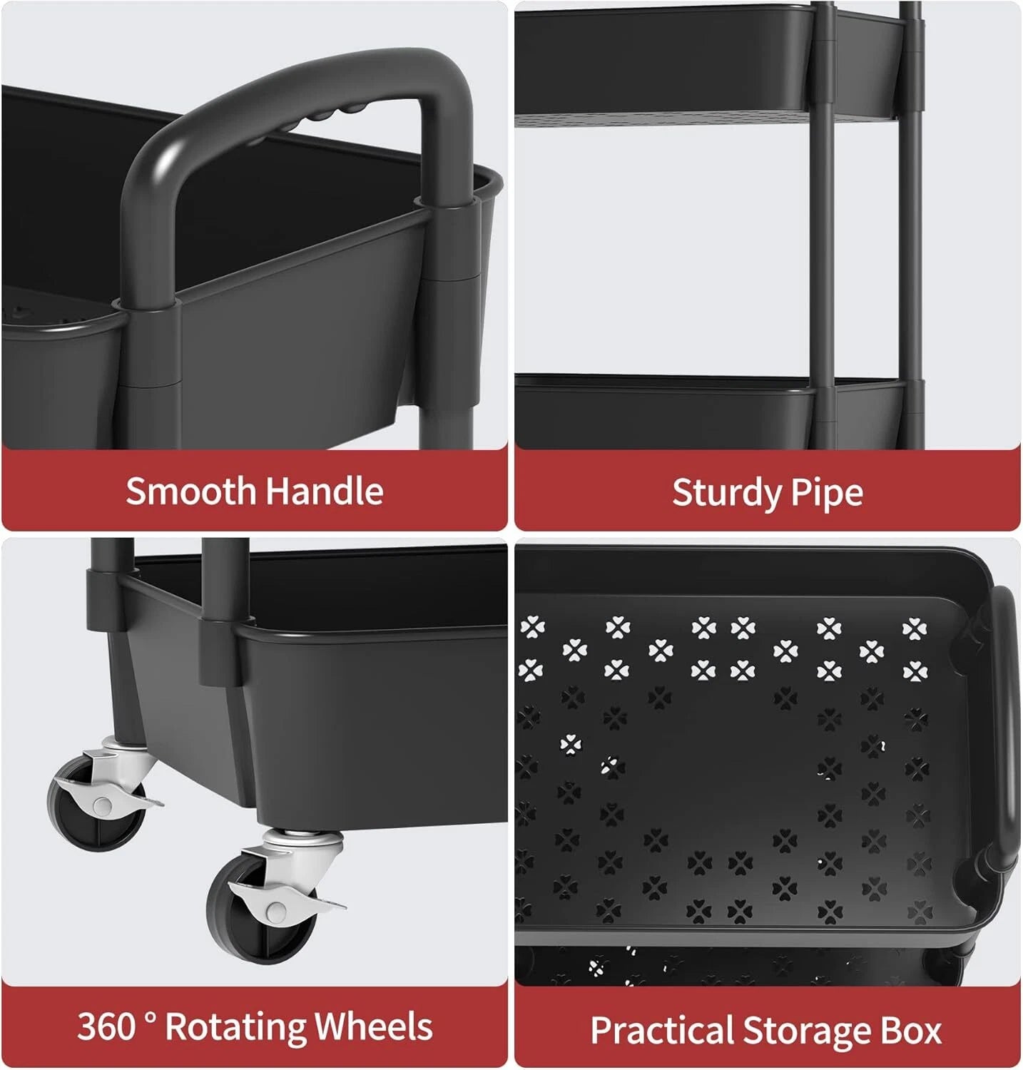 3-Tier Plastic Rolling Utility Cart with Handle,Multi-Functional Storage Trolley 07FC0E-D4 - KOEEK