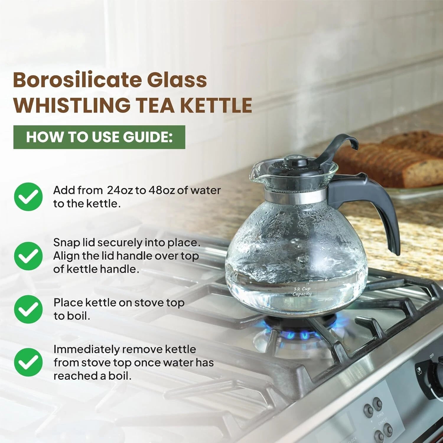 Borosilicate Glass Stove Top Whistling Tea Kettle 12 Cup/48oz Capacity -BPA-Free 07FC0E-D4 - KOEEK