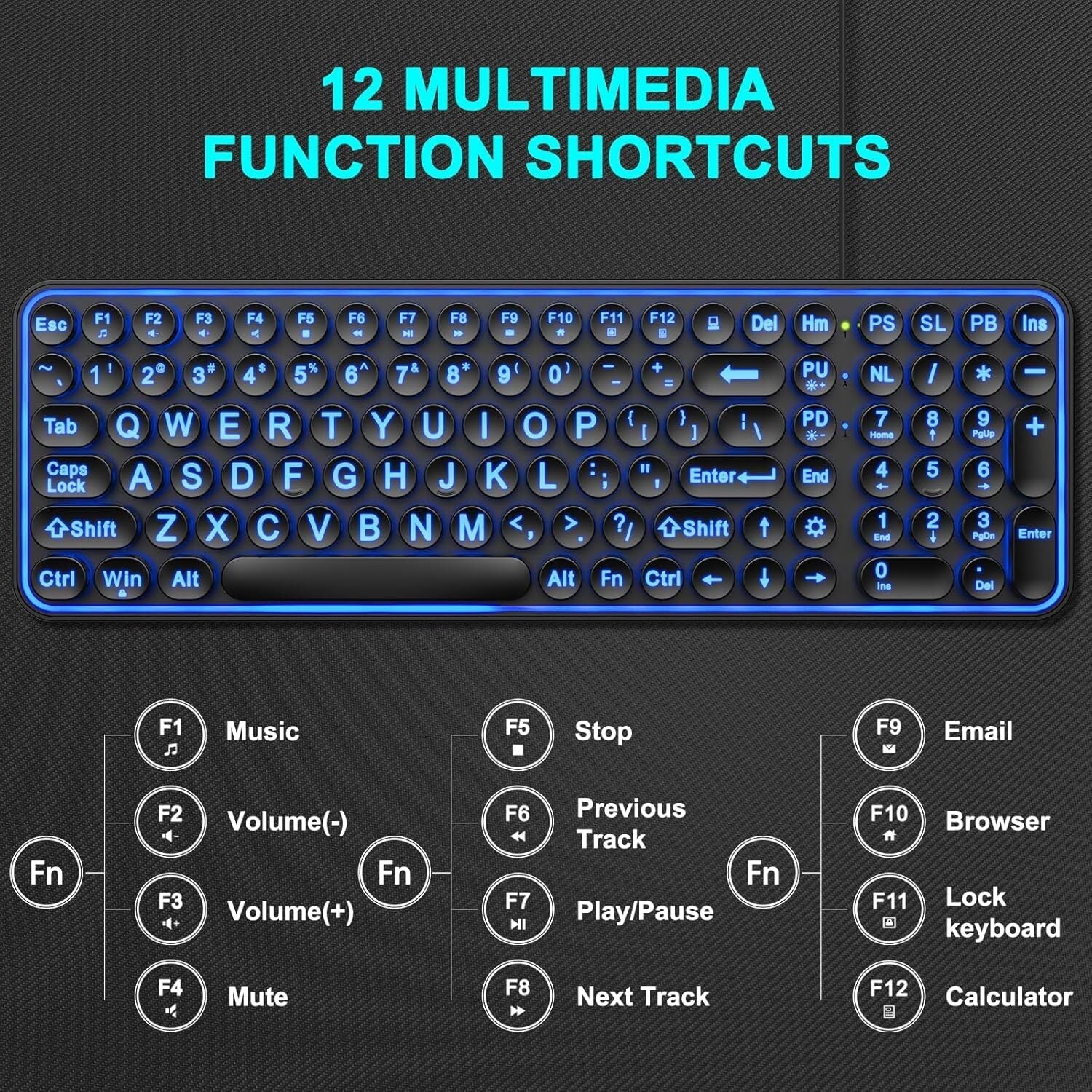 new Large Print Backlit Keyboard, Wired USB Lighted Computer Multi-color 07FC0E-D4 - KOEEK