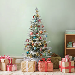 4.5ft Potted Pre-Lit Flocked Pencil Christmas Tree Slim Fir Tree with 100 Lights 07FC0E-D4 - KOEEK