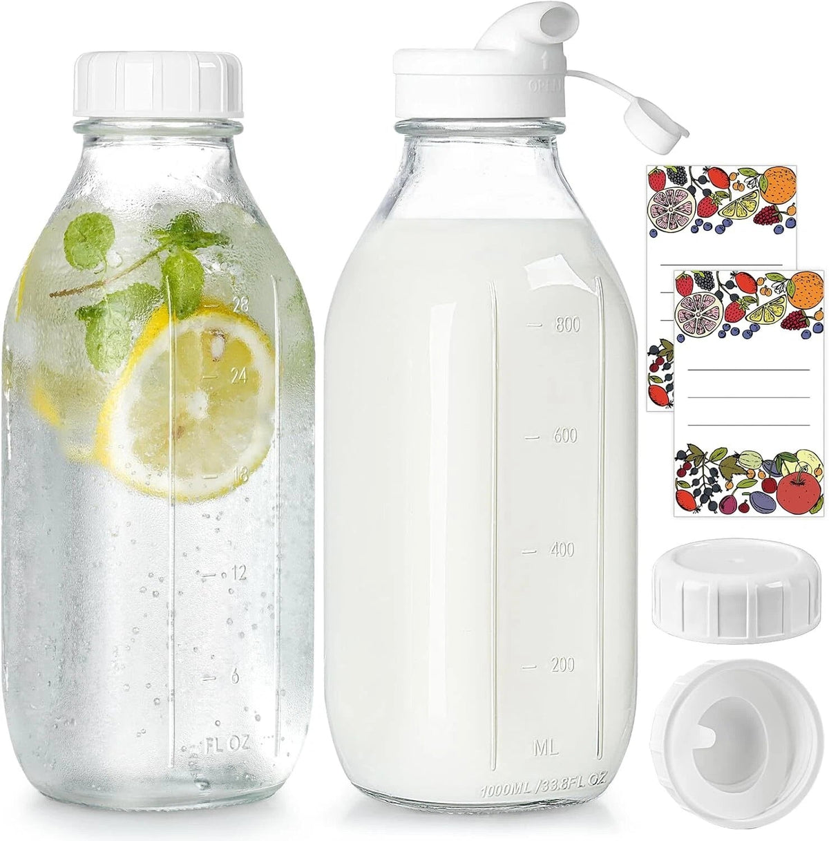 Milk Bottle with Dispenser Cap,  Airtight Heavy Duty Screw Lid. 2 Pack 32 Oz 07FC0E-D4 - KOEEK