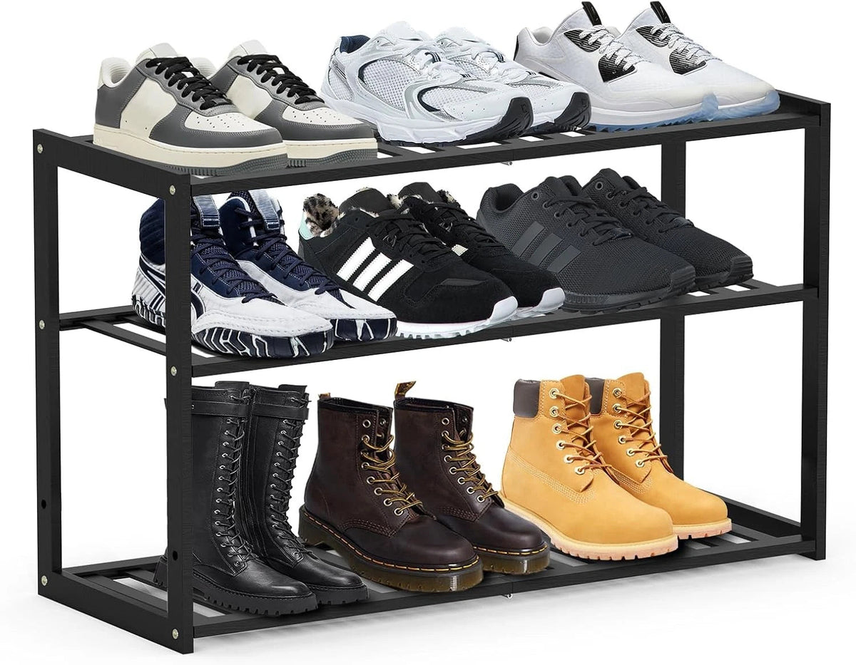 Bamboo shoe rack, stackable three-tier shoe rack, can store 9-12 pairs of shoes 07FC0E-D4 - KOEEK