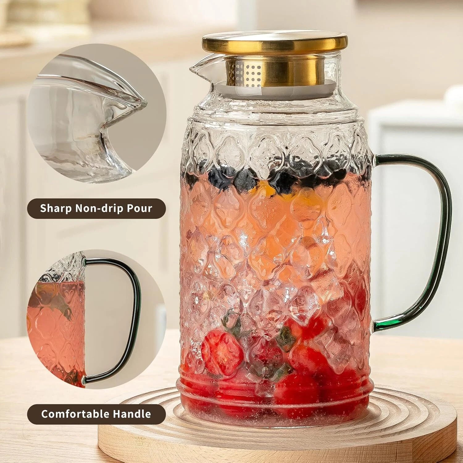 Glass Pitcher with Lid, 2 PACK 68 oz/2 Liter Vintage Water Pitcher, Clear 07FC0E-D4 - KOEEK
