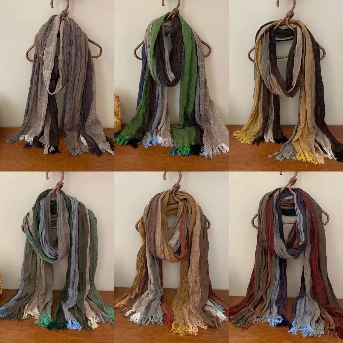 Mens Cotton Linen Colorful Stripe Scarf Shawl Unisex Breathable Soft Scarves 07FC0E-D4 - KOEEK