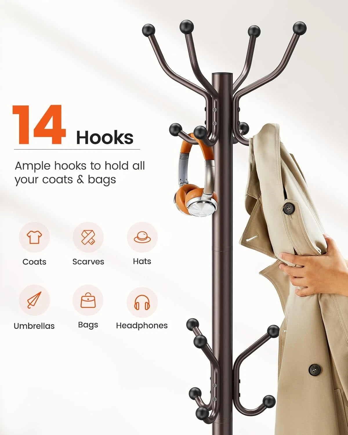 Coat Rack with 14 Hooks, Freestanding Coat Rack Stand for Entryway, Hallway 07FC0E-D4 - KOEEK