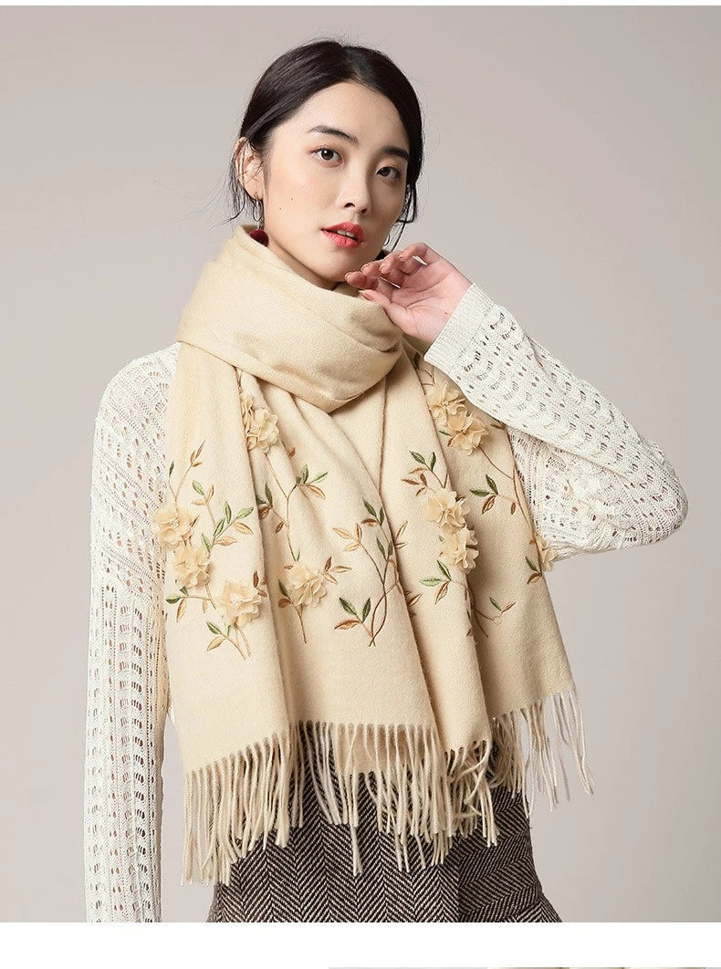 Womens soft Cashmere Scarf Bandana 3D Pink Flower Embroided Cape Shawl Pashmina 07FC0E-D4 - KOEEK