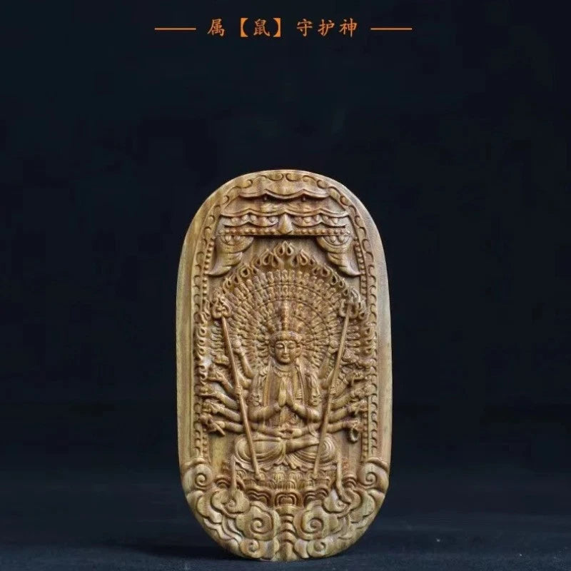 Green Sandalwood Handcarved 12 Zodiac Buddha Statue Guardian God Amulet Pendant 07FC0E-D4 - KOEEK