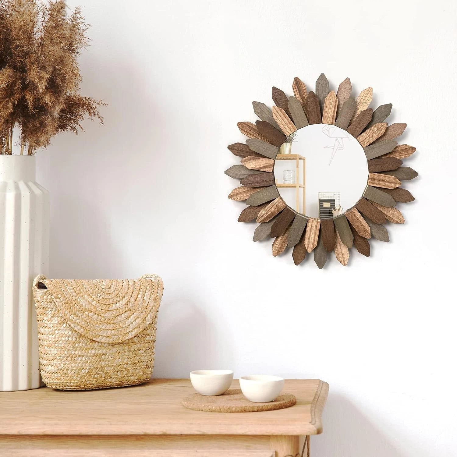 Boho Wall Decor 12 inch Decorative Mirror with Rustic Wood Sunburst Frame 07FC0E-D4 - KOEEK
