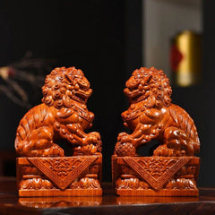 Rosewood Lion Figurines Pair 8cm Hand Carved Wooden Desk Home Decor Ornament 07FC0E-D4 - KOEEK