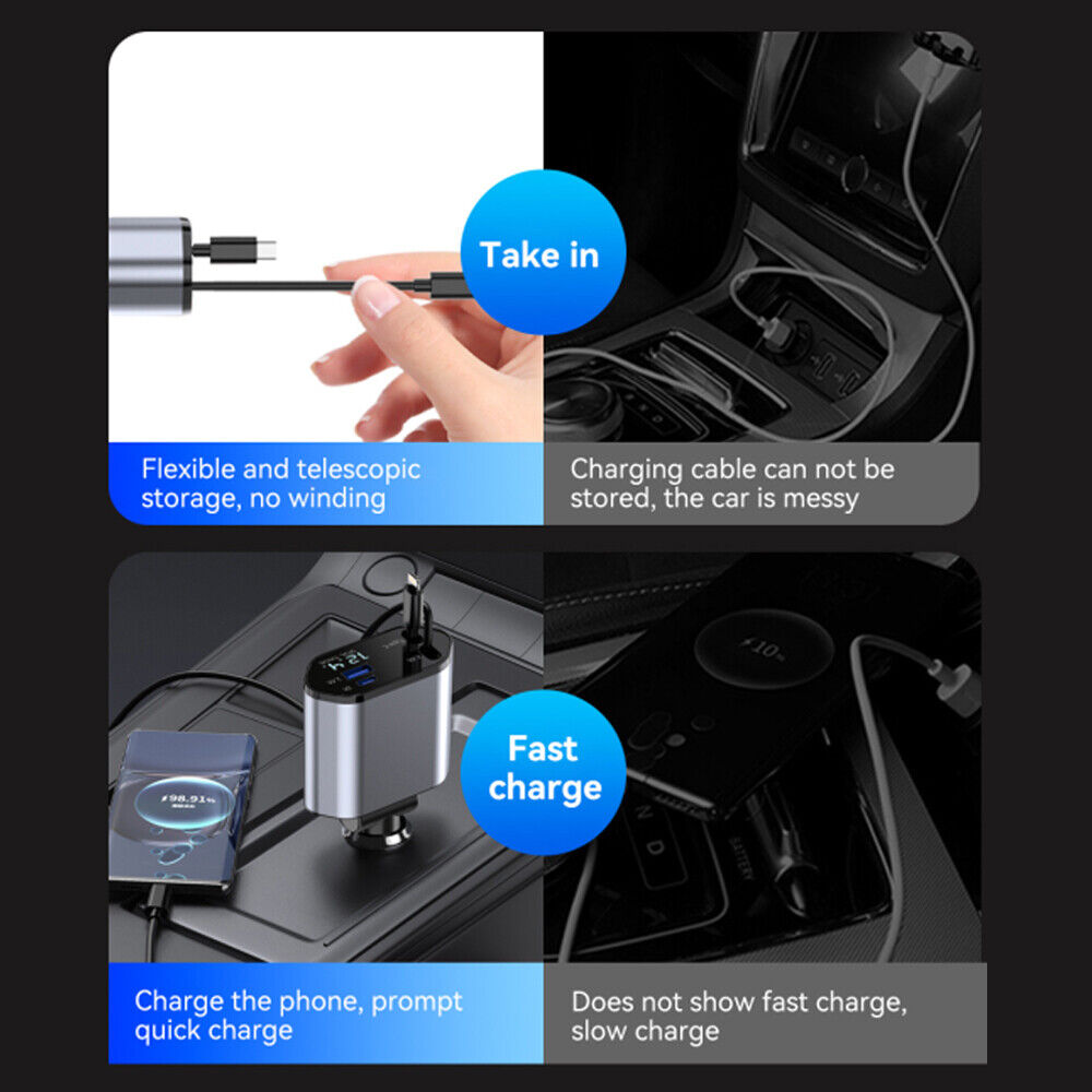 new 4 IN 1 Retractable Car Charger Cable Dual Port USB C PD Fast Charging Adapter koeek - KOEEK