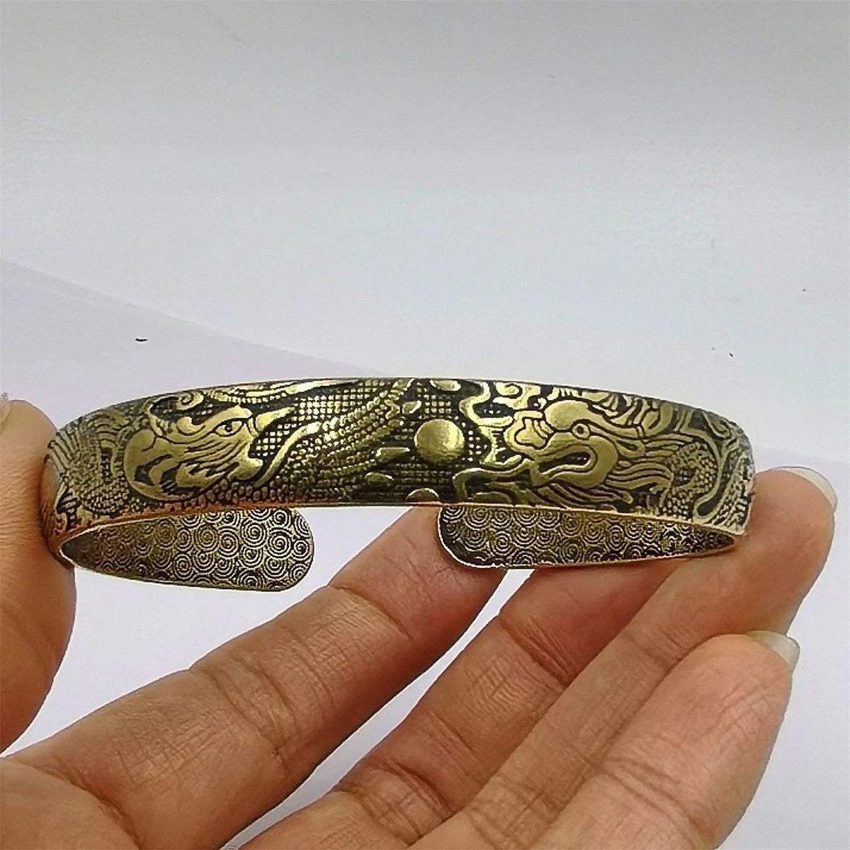 Vintage Brass Bangle Dragon Phoenix Open Copper Bracelet Chinese Style Jewelry 07FC0E-D4 - KOEEK