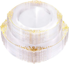 Clear & Gold 100PCS Heavyweight Disposable Plates - 50PCS 10.25" Dinner & 50PCS 07FC0E-D4 - KOEEK