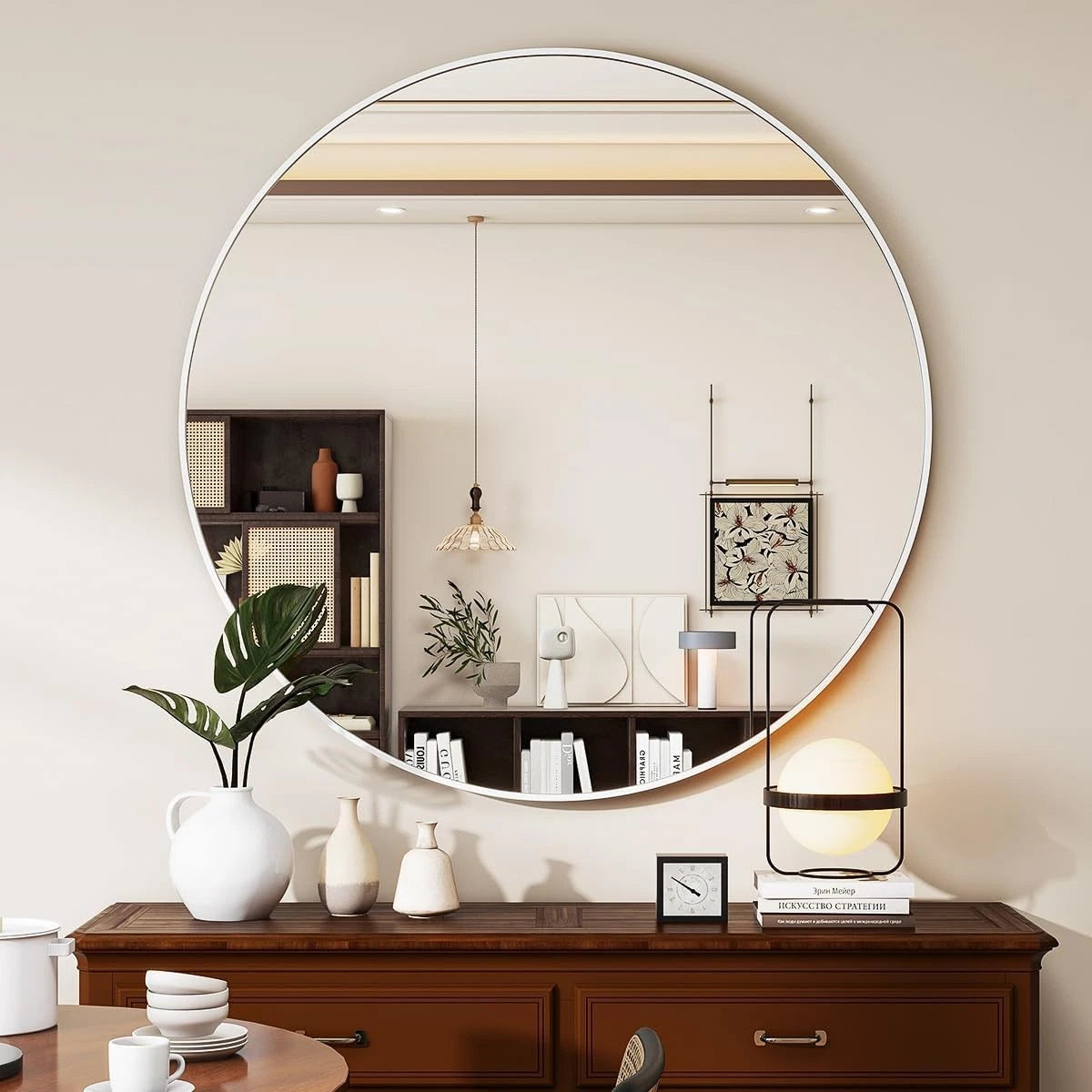 White Round Mirror, 30 Inch Bathroom Mirror with Metal Frame 07FC0E-D4 - KOEEK