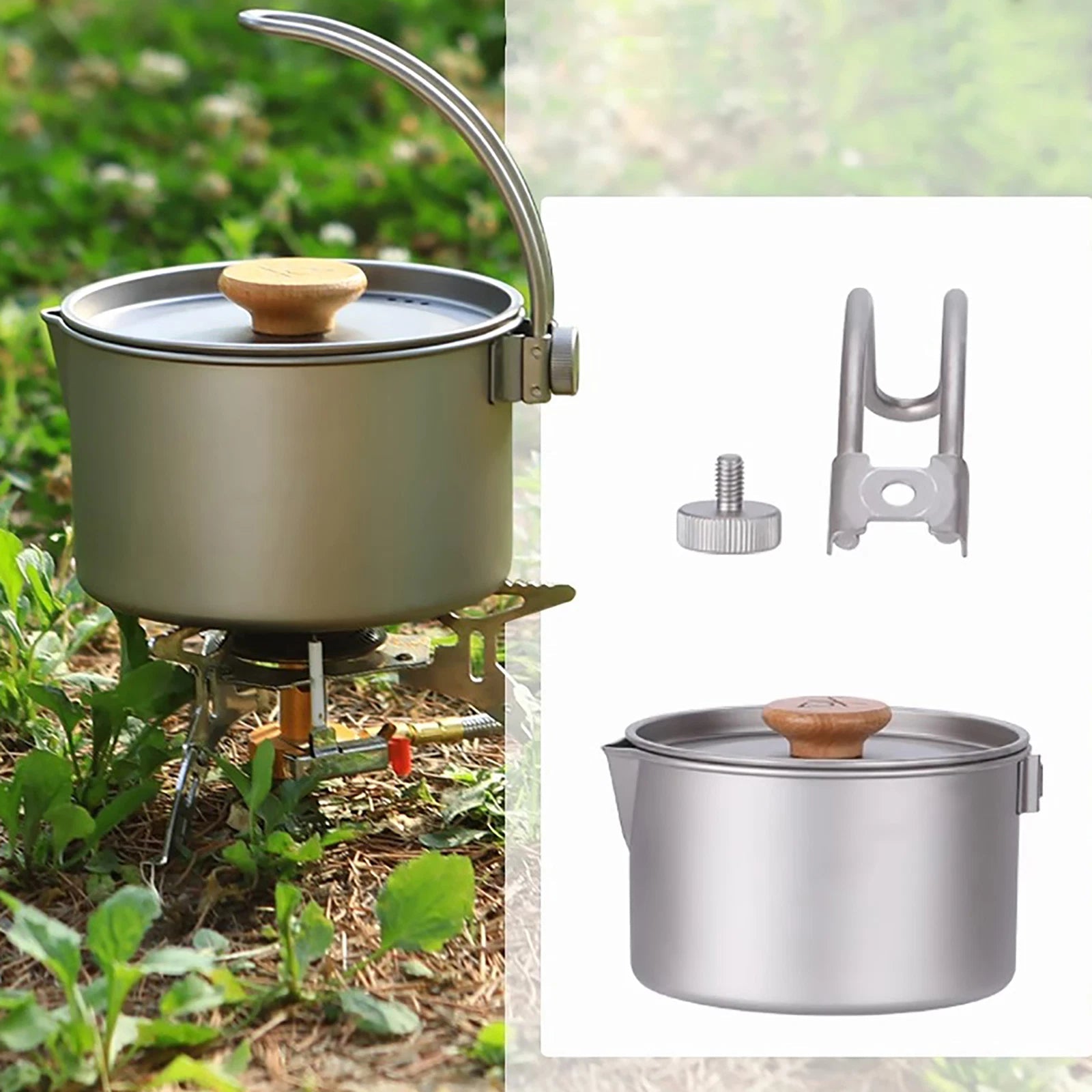 Titanium 1100ml Pot with Lid & Hanger Mug Foldable Handles for Backpacking Camp 07FC0E-D4 - KOEEK