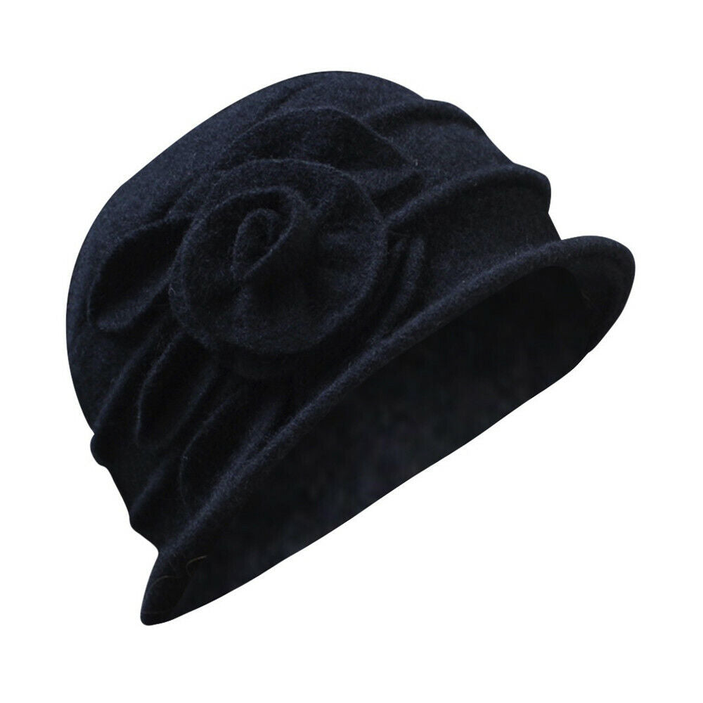 ny Dame Elegant Ull Blomster Hat Vinter Vintage Cloche Bøtte Cap