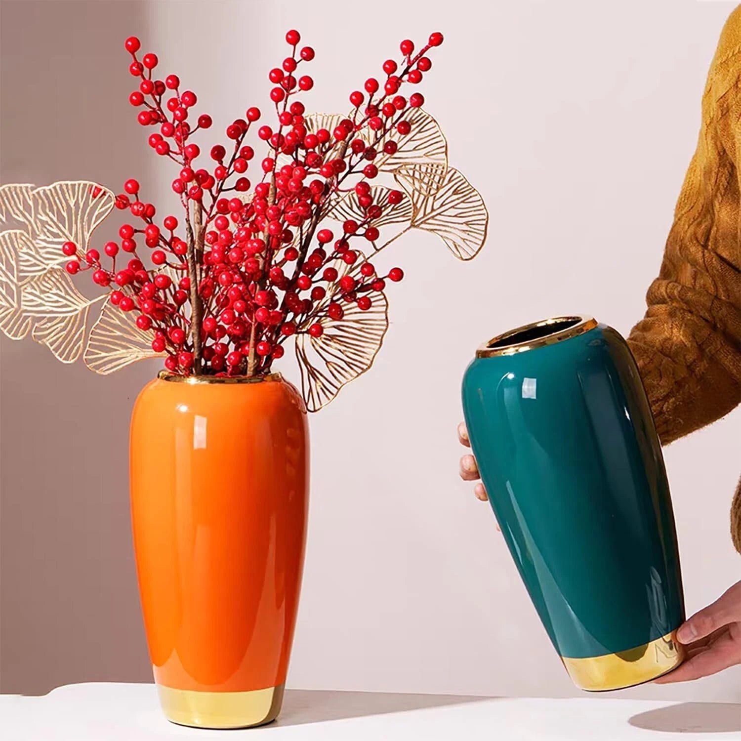 Ceramic Large Vase, Orange 11.8 Inch Tall Floor Vase, Rustic Decorative Vase 07FC0E-D4 - KOEEK