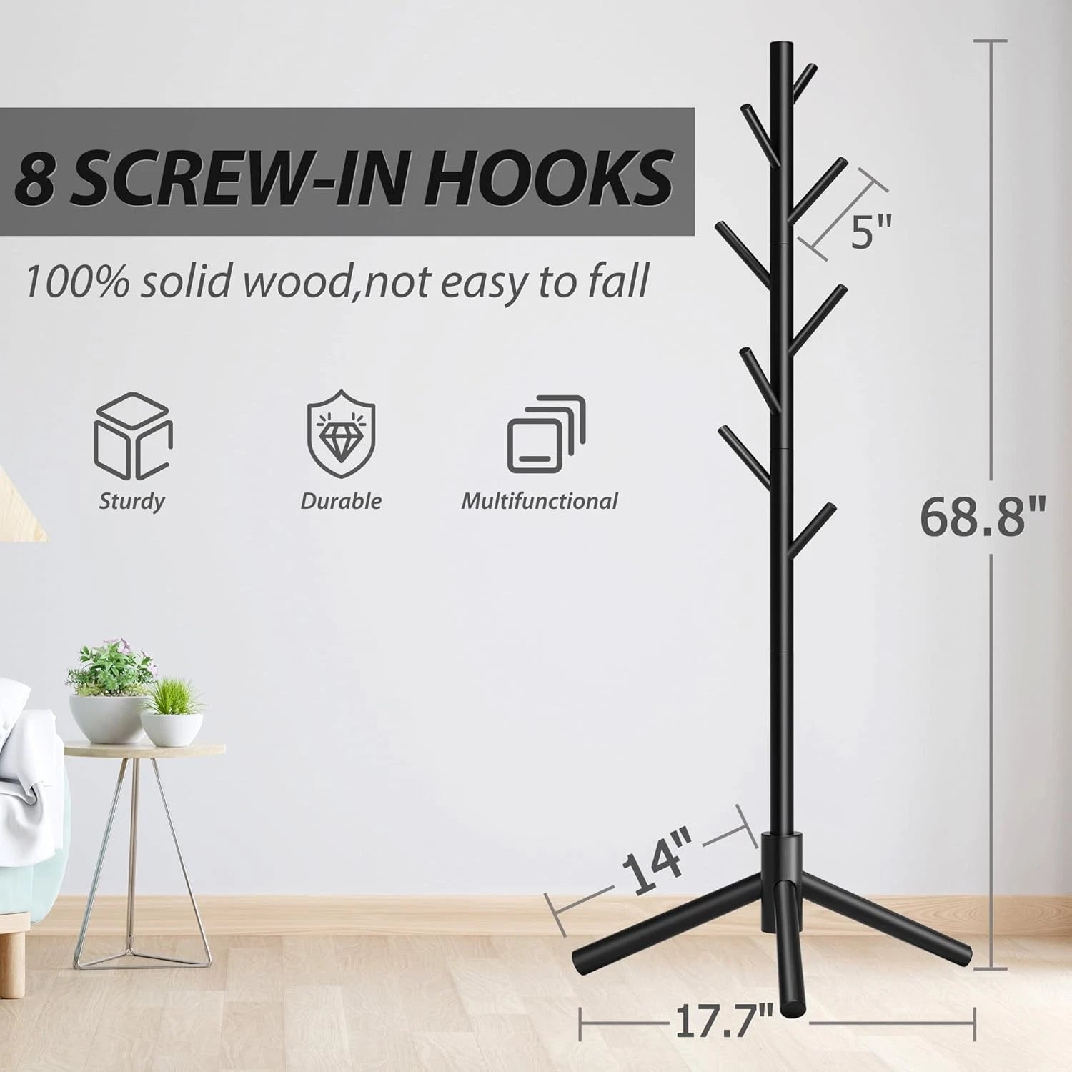 Durable Wooden Coat Rack, Freestanding Coat Rack with Stable Triangular Base 07FC0E-D4 - KOEEK