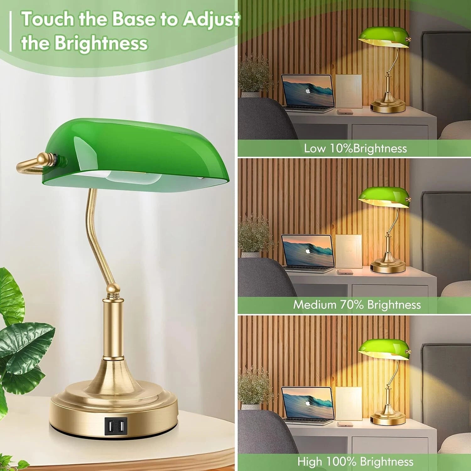 Banker's Desk Lamp with 2 USB Ports, 3-Way Dimmable Vintage Desk Lamp 07FC0E-D4 - KOEEK