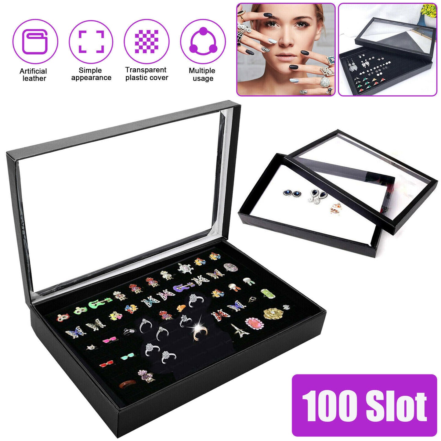 100 Slots Jewelry Ring Display Organizer Case Tray Holder Earring Storage Box