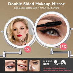 new 1X/15X Wall Mounted Makeup Mirror with Hook, USB Rechargeable LED 3 Silver 07FC0E-D4 - KOEEK
