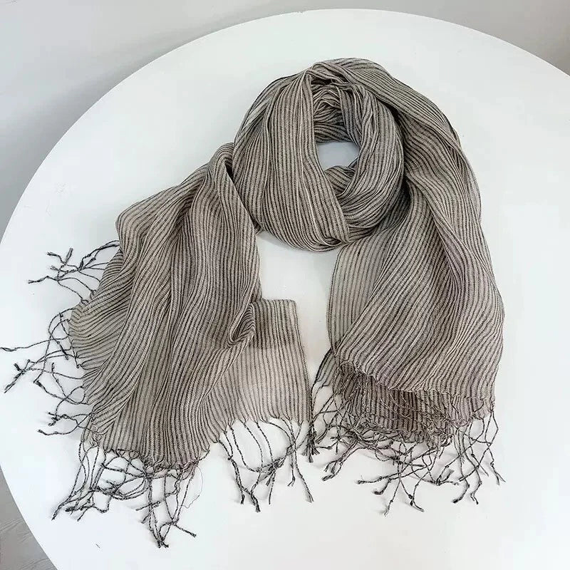 Womens Blue Pinstripe Tasseled Scarf Unisex Soft Flax Linen Bandana Wrap Scarves 07FC0E-D4 - KOEEK