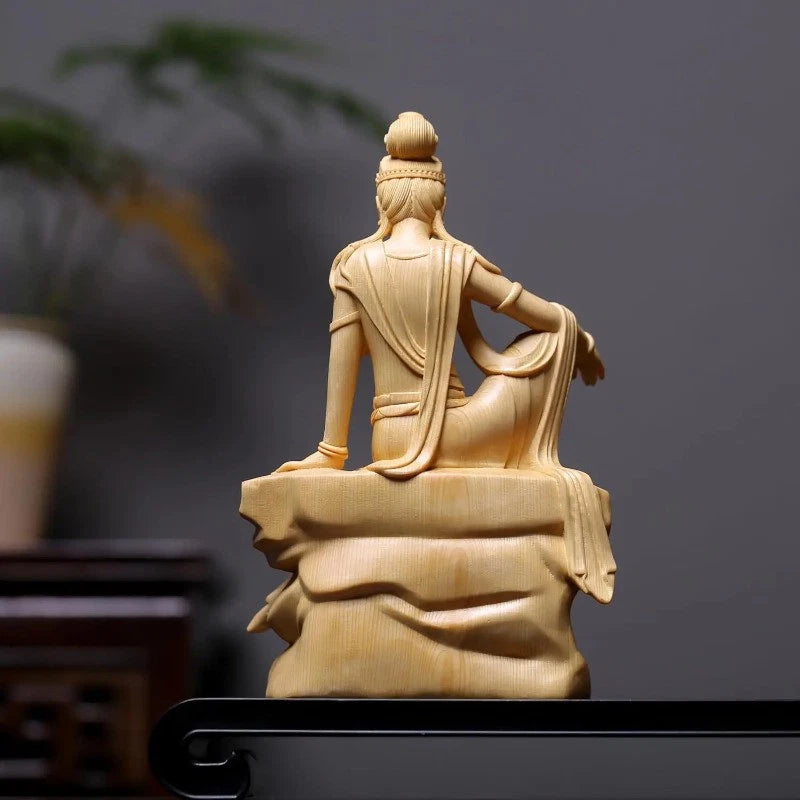 23cm Traditional Cypress Wood Guanyin Bodhisattva Hand-carved Buddhist Statue 07FC0E-D4 - KOEEK