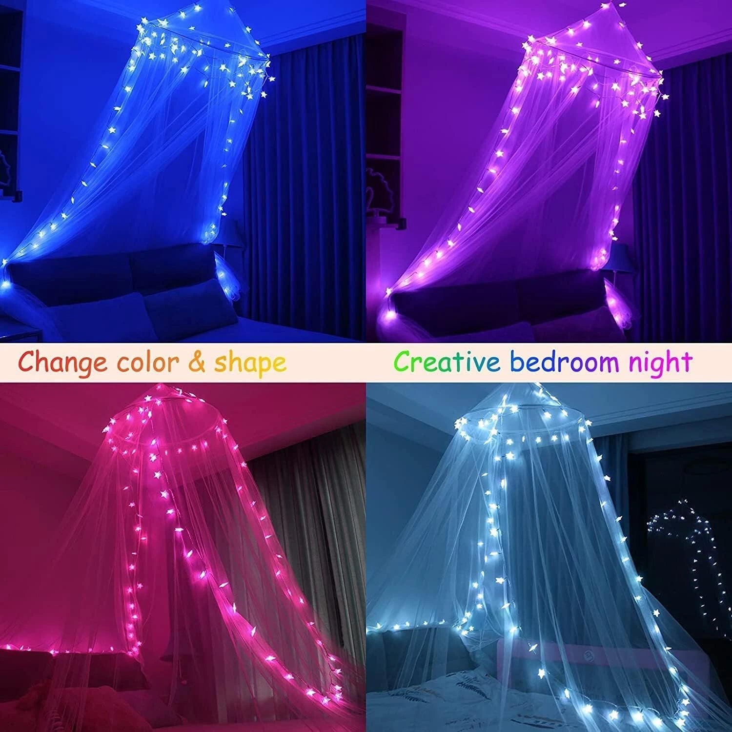 Bed Canopy with LED Star Lights, Princess Canopy Bed Curtain with 18 Colors 07FC0E-D4 - KOEEK