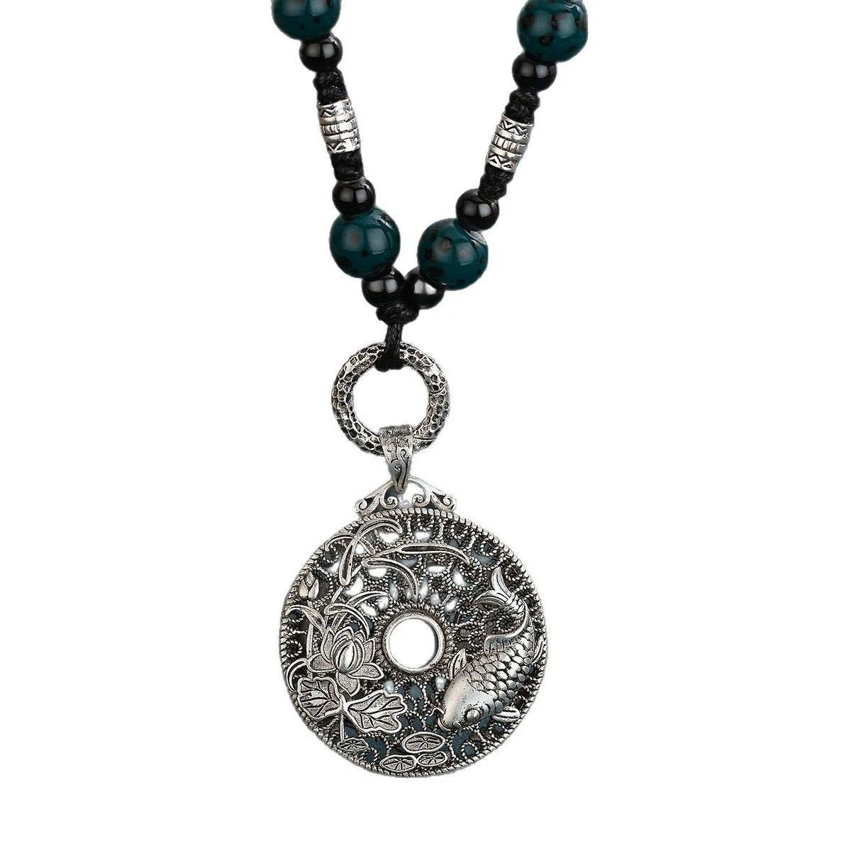 Vintage Hollow Lotus Koi Pendant Necklace Sweater Chain For Women 07FC0E-D4 - KOEEK