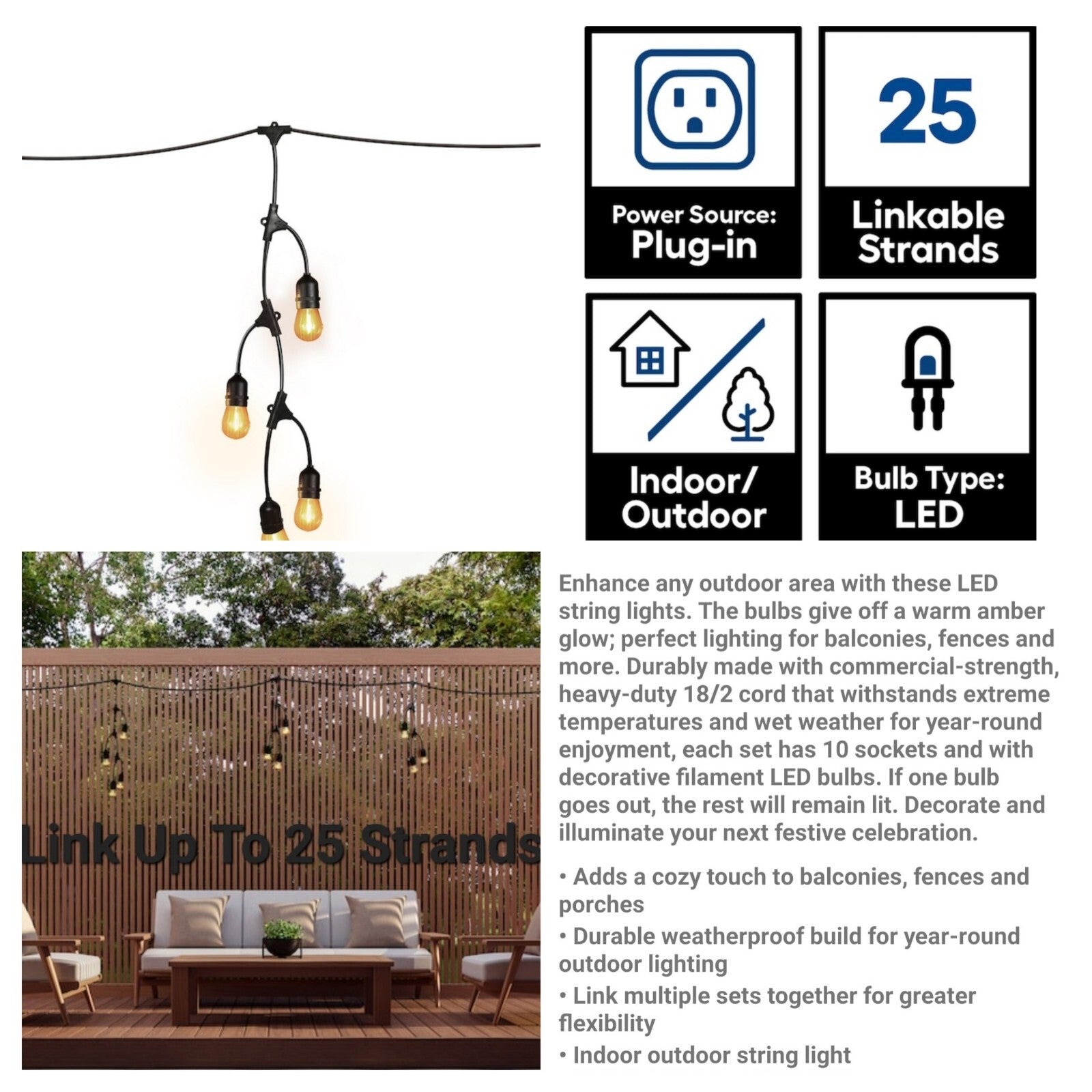 (2 Sets) 12ft LED FENCE STRING LIGHTS -Linkable-Outdoor- Heavy Duty -All Weather 07FC0E-D4 - KOEEK