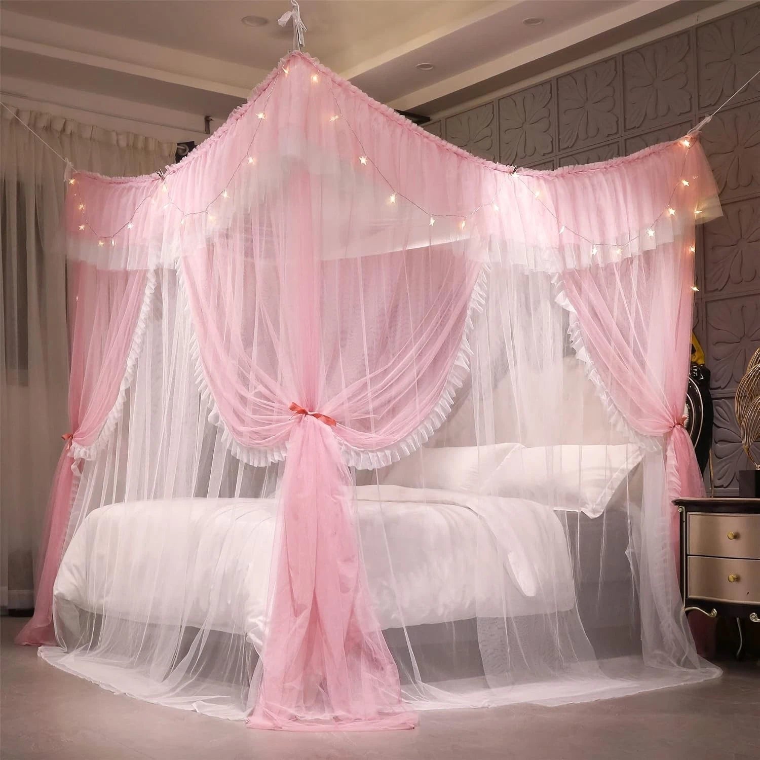 4 Corner Post Ruffle Princess Bed Canopy Curtain-Double Layer Cozy Drape Netting 07FC0E-D4 - KOEEK