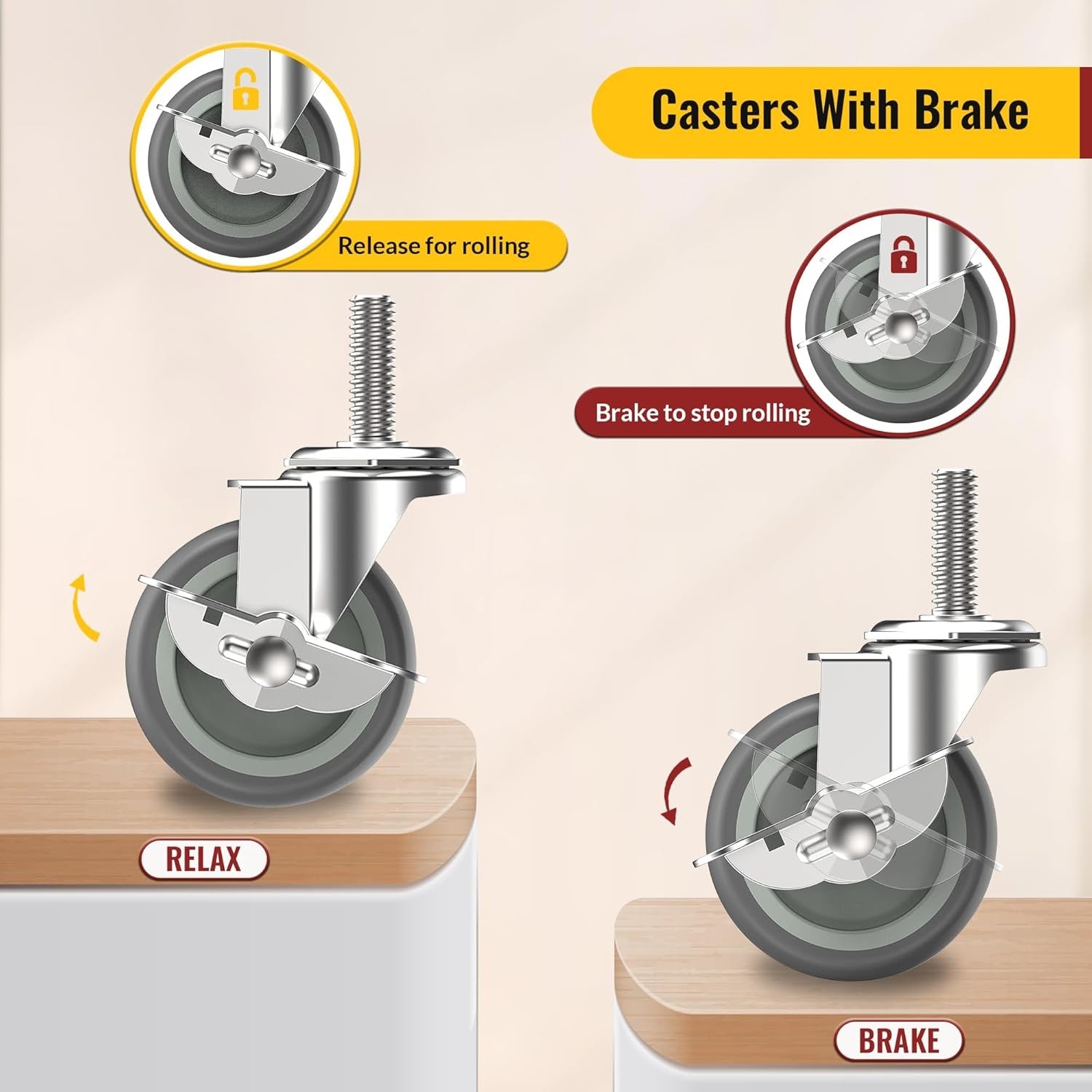 new HOLKIE Caster Wheels 3 inch Locking Casters Set of 4, Threaded Stem Gray HOLKIE - KOEEK